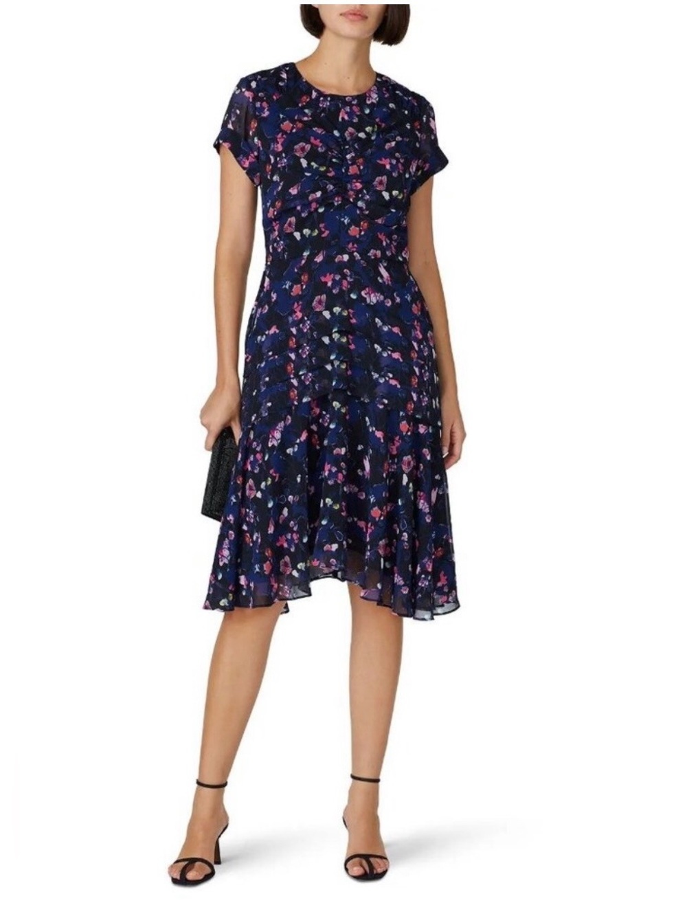 Jason Wu Floral Short-Sleeve Ruched Midi Dress EUC Sz 6 Feminine Boho Flowy